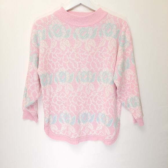 VTG Pink Blue Pastel Floral High Mock Neck  Sweater Sz Large Soft Ramie Blend - Picture 2 of 9